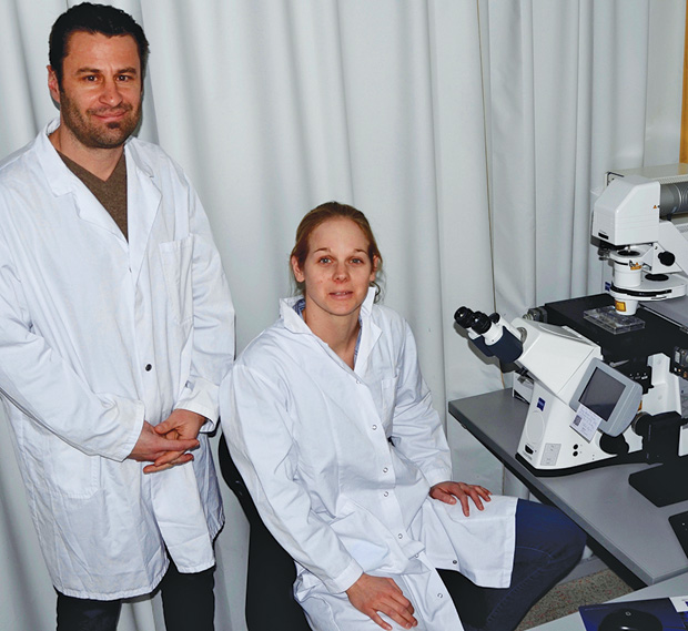 Figure 2: Matthias Lütolf (left) and his doctoral student Nathalie Brandenberg of the Institute of Bioengineering at EPFL, Switzerland, demonstrated a method that uses photoablation and microfluidics to direct cells and developing tissue in three dimensions. (Photo by Andrea Negro.)