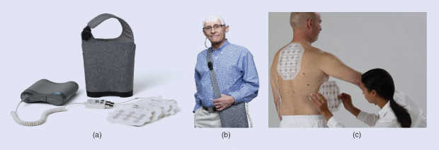 Figure 1: (a) An Optune device that uses transducer arrays for delivering TTFields to the brain. (b) A model wearing such an array on the head. (c) Another model wearing an array for delivery of TTFields to the torso. (Images courtesy of Novocure.)