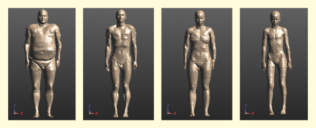 Figure 1: Four selected VHs of various body compositions. The IT’IS’s Virtual Population family contains 15 high-resolution models, males and females of different ages in various body weights and heights, that are highly computable for biomedical simulations.