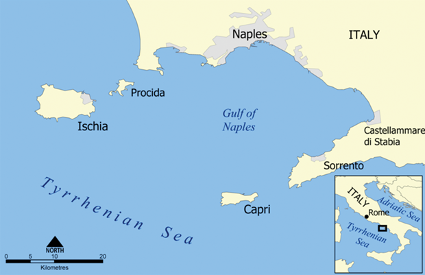 Figure 1: The Gulf of Naples and its principal geographical reference points: the islands of Ischia and Procida; the city of Naples; the Vesuvio volcano, at the center of this wide arc (roughly corresponding to the position of the label “ITALY”); the ruins of Pompeii, which stand south of the Vesuvio volcano and closer to the coastline; farther south, the cities of Castellammare di Stabia and Sorrento; and the beautiful island of Capri, which closes the gulf arc. The distance between the city of Naples and the city of Sorrento across the bay, which is almost at a diagonal direction, is about 26 kilometers. Altogether, four reference points (Naples, Vesuvio, Pompeii, and Sorrento) form a kind of warped geometrical trapezoid, because the volcano is 1,281 meters above sea level. (Downloaded from https://en.wikipedia.org/wiki/Gulf_of_Naples. Freely available.)