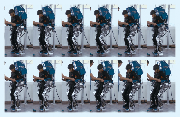 Figure 5: A paralysis patient operating the same kind of brain-controlled, motorized exoskeleton demonstrated at the 2014 World Cup. (Photo courtesy of AASDAP, São Paulo, Brazil.)