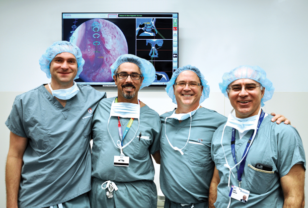 From left: Bartosz Kosmecki, chief executive officer and founder of Scopis, which created the Target Guided Surgery system; Dr. Marc Tewfik of MUHC and director of rhinology and assistant professor in the Department of Otolaryngology at McGill University, who has performed several surgeries using the system; Karl Ring, vice president of sales at Scopis; and Dr. Nader Sadeghi, chair and chief of the McGill and MUHC Departments of Otolaryngology and Head and Neck Surgery. (Photo courtesy of McGill University Health Center, Montréal, Canada.)