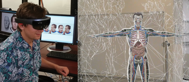 Figure 5: The Intelligent Anatomy AR prototype, developed at UCF, shows a human circulatory system and internal organs, using the Microsoft Hololens. (Photo courtesy of Dr. Anya Andrews.)