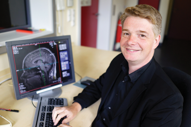 Figure 1: John-Dylan Haynes of the Bernstein Center for Computational Neuroscience at the Charité–Universitätsmedizin. His research group is using fMRI to “find out what kinds of thoughts you can read out and what the principal limitations are.” (Photo courtesy of Bernstein Center for Computational Neuroscience.)