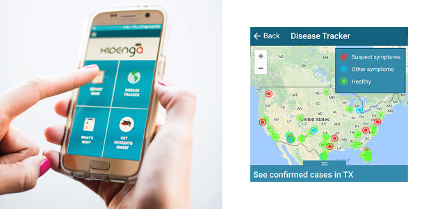Figure 6: Kidenga is an app to track the emergence of mosquito-borne diseases: (left) the app interface and (right) a sample disease-tracking map. (Photo courtesy of Kidenga.)