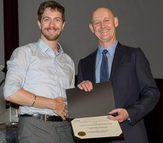 Kevin Dick, (Carleton University, Canada) receiving the 2017 Outstanding EMBS Student Club/Chapter Award from the EMBS President, Nigel Lovell. The Carleton University student chapter organized the 2016 IEEE EMBS International student conference. The conference was a huge success for EMBS students. Congratulations!