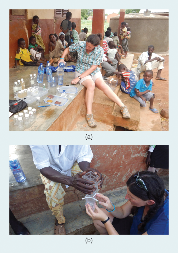 Figure 4: Dr. Dankovich (a) demonstrating water testing in rural Ghana and (b) collecting water samples there. (Photos courtesy of pAge Drinking Paper.)
