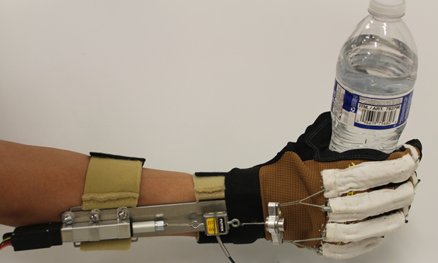 A prototype of MyHand, a glove-like device that helps stroke survivors regain hand function. (Photo courtesy of Joel Stein.)
