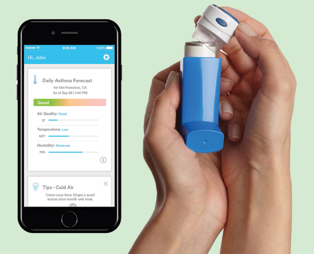 Figure 4: Propeller Health has designed a monitor that records how frequently a patient is taking his or her medication and sends the data back to a user’s phone through an app. (Photo courtesy of Propeller Health.)