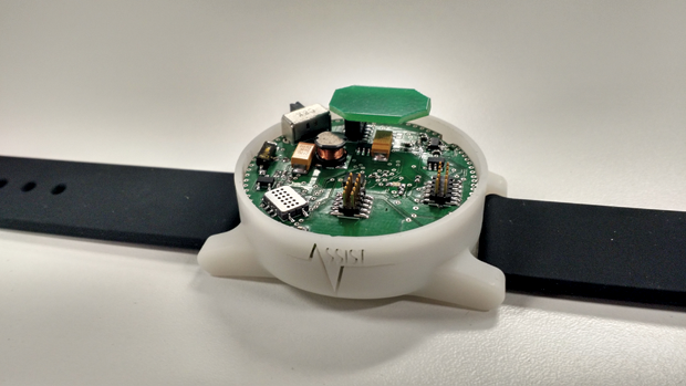 Figure 6: A prototype for a wristband that performs similarly to the patch in Figure 5. (Photo courtesy of Alper Bozkurt.)