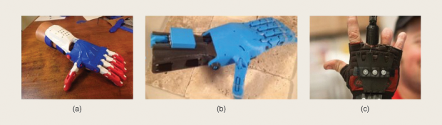 Figure 1: Three 3-D upper-limb designs from the Gift of Hand Project. (a) An osprey hand, (b) a phoenix hand, and (c) the Owen replacement finger.