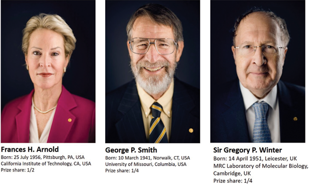 Figure 1. The 2018 Chemistry laureates and their affiliations at the time of the award. One half of the prize was awarded to Dr. Frances H. Arnold “for the directed evolution of enzymes.” The other half was shared by Dr. George P. Smith and Sir Gregory P. Winter “for the phage display of peptides and antibodies.” (Photos courtesy of nobelprize.org).