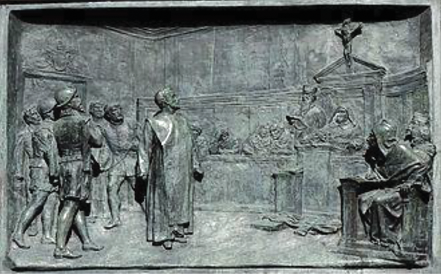 Figure 1. Trial of Giordano Bruno by the Roman Inquisition. Bronze relief by Ettore Ferrari, Campo di Fiori, Rome.