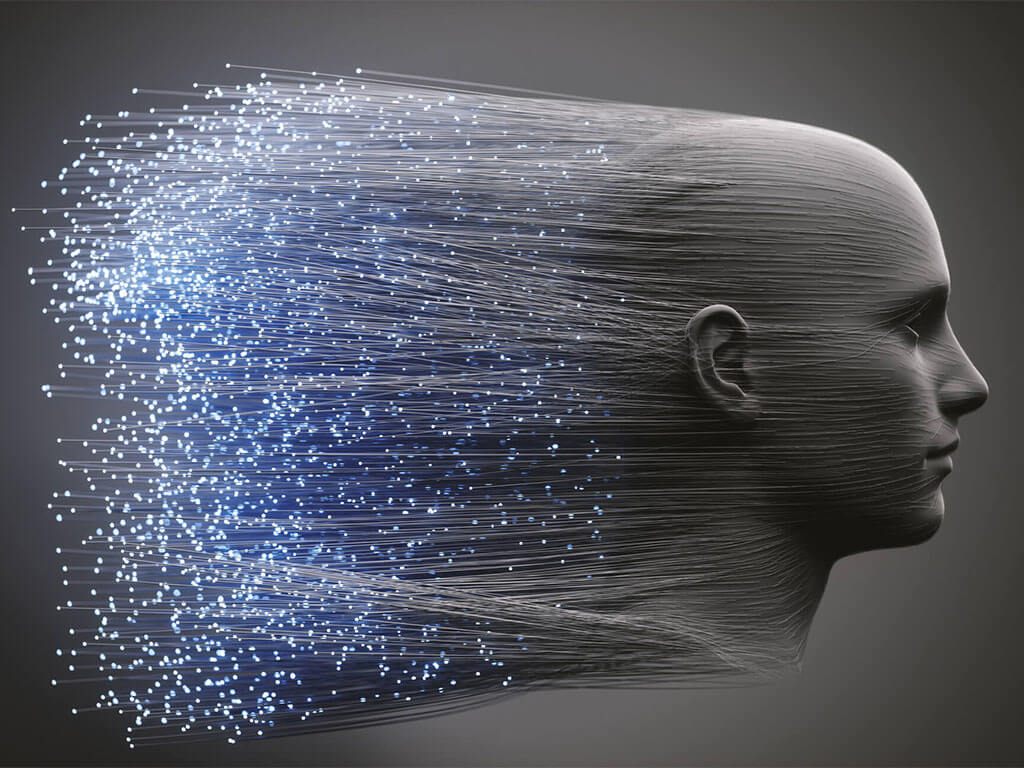 Abstract digital human head with fibers.